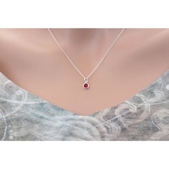 Sterling Silver Tiny Red January Crystal Birthstone Charm Necklace - Picture 1 of 4